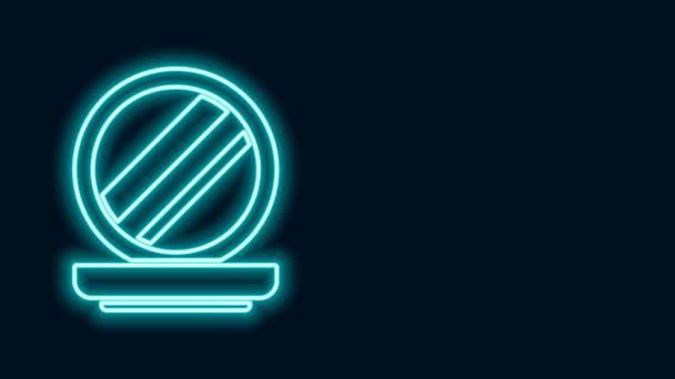 Leuchtende Neon-Linie Make-up Puder mit Spiegel-Symbol isoliert auf schwarzem Hintergrund. 4K Video Motion Grafik Animation — Stockvideo