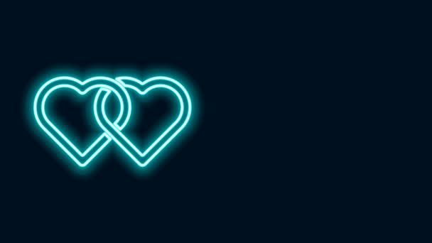 Brillante línea de neón Dos corazones enlazados icono aislado sobre fondo negro. Símbolo romántico vinculado, unirse, pasión y boda. San Valentín. Animación gráfica de vídeo 4K — Vídeos de Stock