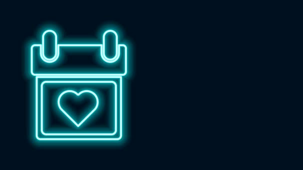 Calendario de línea de neón brillante con icono del corazón aislado sobre fondo negro. Día de San Valentín. Símbolo de amor. 14 de febrero. Animación gráfica de vídeo 4K — Vídeo de stock
