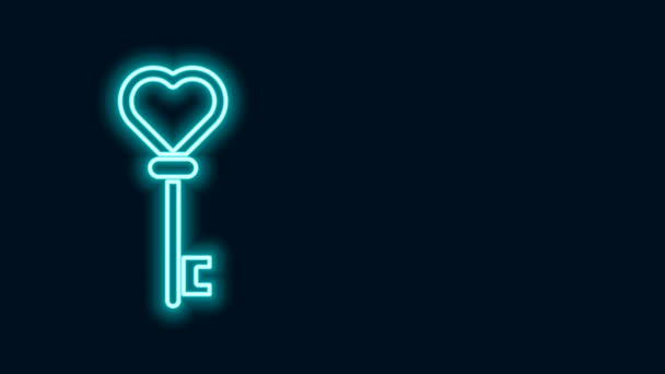 Linia strălucitoare de neon Cheia în formă de inimă pictogramă izolată pe fundal negru. 4K Animație grafică în mișcare video — Videoclip de stoc