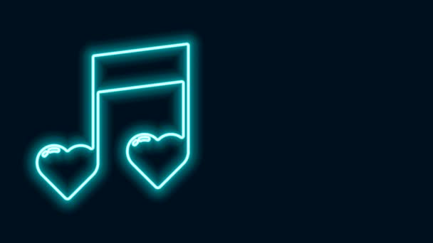 Linha de néon brilhante Nota musical, tom com corações ícone isolado no fundo preto. Dia dos Namorados. Animação gráfica em movimento de vídeo 4K — Vídeo de Stock