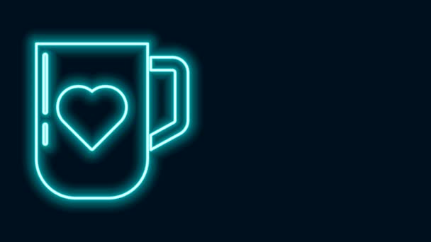 Zářící neonová čára Káva šálek a srdce ikona izolované na černém pozadí. Pár kávy pro milence na Valentýna. Grafická animace pohybu videa 4K — Stock video