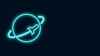 Parlayan neon hattı gezegen simgesi siyah arkaplanda izole edildi. 4K Video hareketli grafik canlandırması