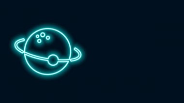 Parlayan neon hattı gezegen simgesi siyah arkaplanda izole edildi. 4K Video hareketli grafik canlandırması