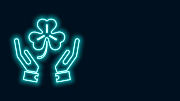 Glowing neon line Human hands holding four leaf clover icon isolated on black background. Happy Saint Patrick day. 4K Video motion graphic animation — Stock Video