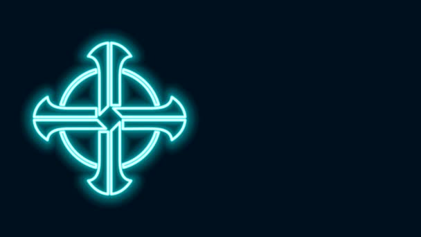 Gloeiende neon lijn Keltisch kruis pictogram geïsoleerd op zwarte achtergrond. Fijne Saint Patricks dag. 4K Video motion grafische animatie — Stockvideo
