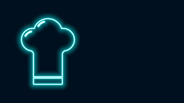 发光的霓虹灯线条厨师帽子图标孤立在黑色背景.烹饪符号。厨师的帽子。4K视频运动图形动画 — 图库视频影像