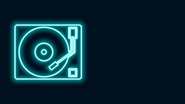 Leuchtender Neon Line Vinyl Player mit einem auf schwarzem Hintergrund isolierten Schallplattensymbol. 4K Video Motion Grafik Animation — Stockvideo