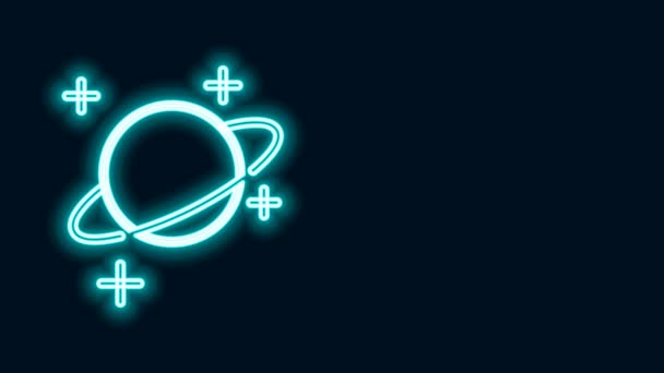 Ragyogó neon vonal Planet ikon elszigetelt fekete háttérrel. 4K Videó mozgás grafikus animáció — Stock videók