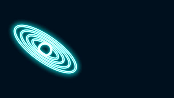 Parlayan neon hattı gezegen simgesi siyah arkaplanda izole edildi. 4K Video hareketli grafik canlandırması — Stok video