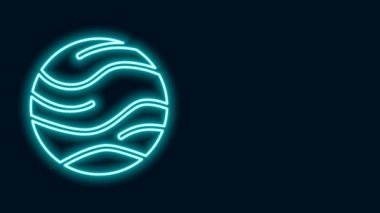 Parlayan neon hattı gezegen simgesi siyah arkaplanda izole edildi. 4K Video hareketli grafik canlandırması