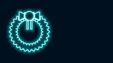 Parlayan neon çizgisi Noel çelengi simgesi siyah arka planda izole edildi. Mutlu Noeller ve mutlu yıllar. 4K Video hareketli grafik canlandırması