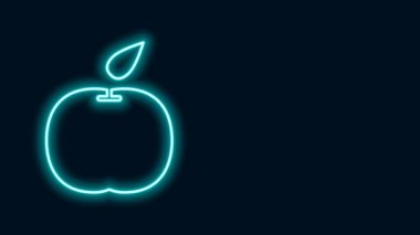 Parlayan neon çizgisi Apple simgesi siyah arkaplanda izole edildi. Yaprak sembollü meyve. 4K Video hareketli grafik canlandırması
