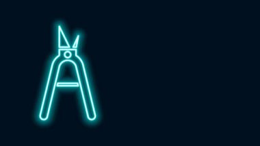 Siyah arkaplanda izole edilmiş simgeyi budamak için parlayan neon çizgisi el yapımı makas. Ahşap saplı budama makası. 4K Video hareketli grafik canlandırması