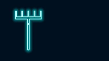 Parlayan neon çizgisi tırmık simgesi siyah arkaplanda izole edildi. Bahçecilik, tarım, çiftçilik aleti. Toprak işçisi. Temizlik ekipmanları. 4K Video hareketli grafik canlandırması