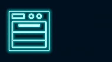 Parlayan neon hattı fırın simgesi siyah arkaplanda izole edildi. Fırın tabelası. 4K Video hareketli grafik canlandırması