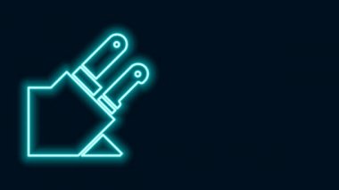 Parlayan neon çizgili bıçak simgesi siyah arkaplanda izole edildi. Çatal bıçak sembolü. 4K Video hareketli grafik canlandırması