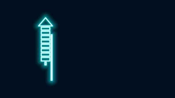 Zářící neonová čára Ikona rakety Firework izolovaná na černém pozadí. Koncept zábavné párty. Výbušný pyrotechnický symbol. Grafická animace pohybu videa 4K — Stock video