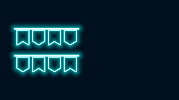 Linea neon incandescente Ghirlanda di carnevale con icona delle bandiere isolata su sfondo nero. Appendiabiti per feste di compleanno, festival e decorazioni eque. Animazione grafica 4K Video motion — Video Stock
