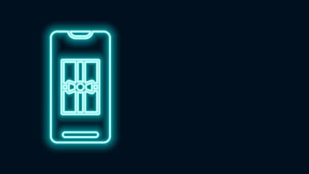 Leuchtende Neon Line Smartphone mit Geschenkbox auf dem Bildschirm Symbol isoliert auf schwarzem Hintergrund. Frohe Weihnachten und ein gutes neues Jahr. 4K Video Motion Grafik Animation — Stockvideo