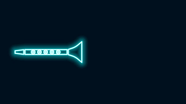 Icono de clarinete de línea de neón brillante aislado sobre fondo negro. Instrumento musical. Animación gráfica de vídeo 4K — Vídeo de stock
