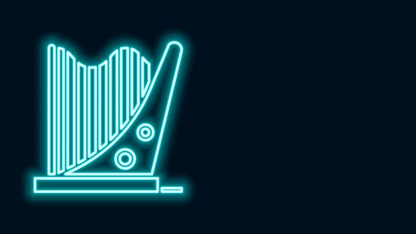 Ragyogó neon vonal Harp ikon elszigetelt fekete háttérrel. Klasszikus hangszer, orhestra húros akusztikus elem. 4K Videó mozgás grafikus animáció — Stock videók