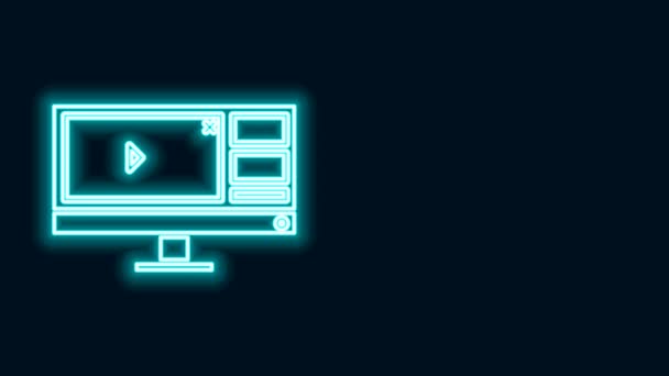 Светящийся неоновая линия Видеомагнитофон или редактор программного обеспечения на компьютерном мониторе значок изолирован на черном фоне. Видеографическая анимация 4K — стоковое видео