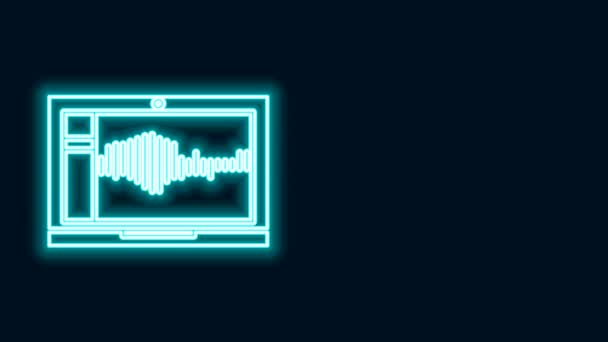Línea de neón brillante Grabadora de sonido o audio o software de editor en el icono del ordenador portátil aislado en el fondo negro. Animación gráfica de vídeo 4K — Vídeos de Stock