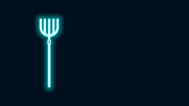 Glödande neon linje Trädgård högaffel ikon isolerad på svart bakgrund. Trädgårdsgaffelskylt. Verktyg för trädgårdsodling, jordbruk, jordbruk. 4K Video motion grafisk animation — Stockvideo