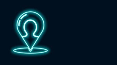 Siyah arkaplanda izole edilmiş bir insan simgesinin silüeti ile parlayan neon çizgisi haritası. GPS konum sembolü. 4K Video hareketli grafik canlandırması