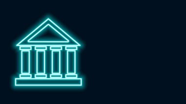 Parlayan neon hattı adliye binası simgesi siyah arka planda izole edildi. Banka veya müze inşaatı. 4K Video hareketli grafik canlandırması