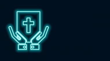 Parlayan neon hattı kutsal İncil ikonu üzerine yemin siyah arka planda izole. Mahkemedeki prosedür. Gerçek ve gerçek. Tanrı huzurunda söz ver. 4K Video hareketli grafik canlandırması
