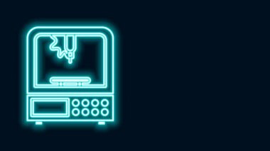 Parlayan neon hattı 3D yazıcı simgesi siyah arkaplanda izole edildi. 4K Video hareketli grafik canlandırması