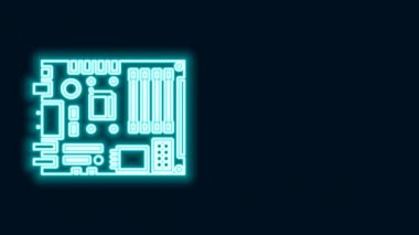 Parlayan neon hattı Elektronik bilgisayar bileşenleri anakart dijital çip entegre bilim ikonu siyah arka planda izole edildi. Devre kartı. 4K Video hareketli grafik canlandırması