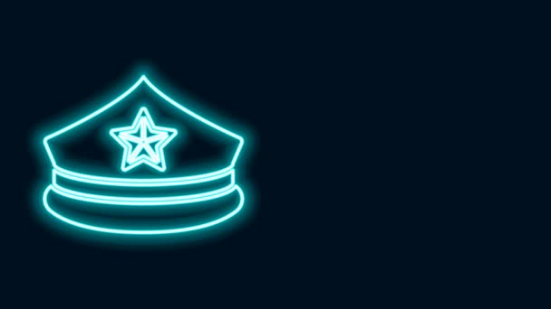 Ragyogó neon vonal Rendőrségi sapka kokárdás ikonnal, fekete háttérrel. Rendőrsapka jel. 4K Videó mozgás grafikus animáció — Stock videók