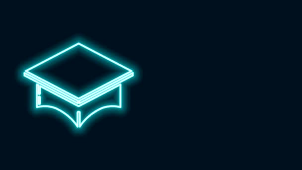 Glowing neon line Graduation cap icon isolated on black background. Graduation hat with tassel icon. 4K Video motion graphic animation — Stock Video
