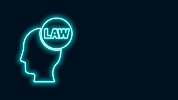 Glowing neon line Head with law icon isolated on black background. 4K Video motion graphic animation — Stock Video