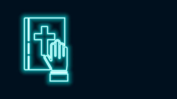 Glowing neon line Oath on the Holy Bible icon isolated on black background. The procedure in court. Truth and truth. Promise before god. 4K Video motion graphic animation — Stock Video