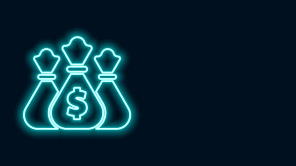 Linha de néon brilhante ícone saco de dinheiro isolado no fundo preto. Dólar ou símbolo USD. Cash Banking sinal de moeda. Animação gráfica em movimento de vídeo 4K — Vídeo de Stock