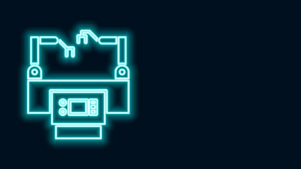 Świecąca neonowa linia Ikona linii montażowej izolowana na czarnym tle. Automatyczny przenośnik produkcyjny. Koncepcja przemysłu robotycznego. 4K Animacja graficzna ruchu wideo — Wideo stockowe