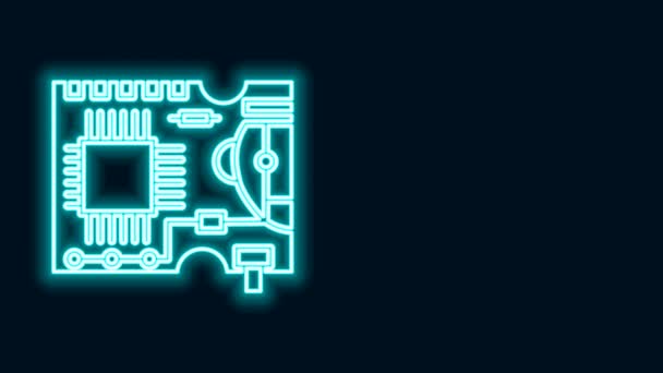 Línea de neón brillante Icono de placa de circuito impreso PCB aislado sobre fondo negro. Animación gráfica de vídeo 4K — Vídeos de Stock