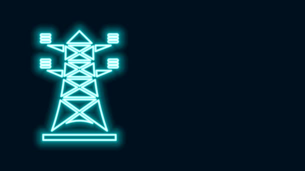 Žhnoucí neonová šňůra Elektrická věž sloužící k podpoře ikony elektrického vedení izolované na černém pozadí. Vysokonapěťové vedení. Grafická animace pohybu videa 4K — Stock video