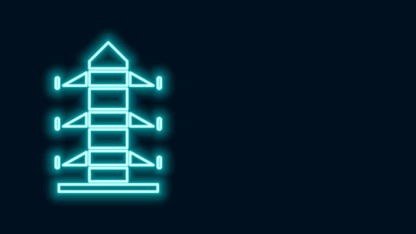 Žhnoucí neonová šňůra Elektrická věž sloužící k podpoře ikony elektrického vedení izolované na černém pozadí. Vysokonapěťové vedení. Grafická animace pohybu videa 4K — Stock video