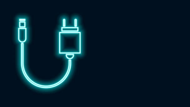 Linea neon luminosa Icona del caricabatterie isolata su sfondo nero. Animazione grafica 4K Video motion — Video Stock