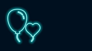 Siyah zemin üzerinde izole edilmiş kurdele ikonu olan kalp şeklinde parlayan neon çizgili balonlar. 4K Video hareketli grafik canlandırması