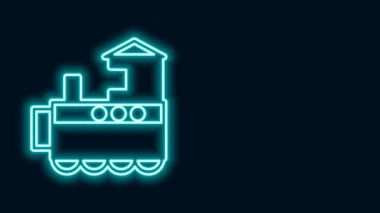 Parlayan neon hattı oyuncak tren simgesi siyah arkaplanda izole edildi. 4K Video hareketli grafik canlandırması