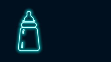 Parlayan neon hattı bebek şişe ikonu siyah arka planda izole edildi. Beslenme şişesi simgesi. Süt şişesi tabelası. 4K Video hareketli grafik canlandırması