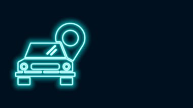 Siyah zemin üzerinde izole edilmiş taksi ikonu olan parlak neon çizgili harita işaretçisi. Konum sembolü. 4K Video hareketli grafik canlandırması