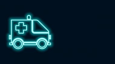 Parlayan neon hattı ambulansı ve acil durum arabası simgesi siyah arka planda izole edildi. Ambulans aracı tıbbi tahliye. 4K Video hareketli grafik canlandırması