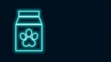 Siyah arka planda izole edilmiş evcil hayvan ikonu için parlayan neon hattı yiyecek torbası. Hayvanlar için yiyecek. Hayvan maması paketi. Köpek ya da kedi pençesi izi. 4K Video hareketli grafik canlandırması